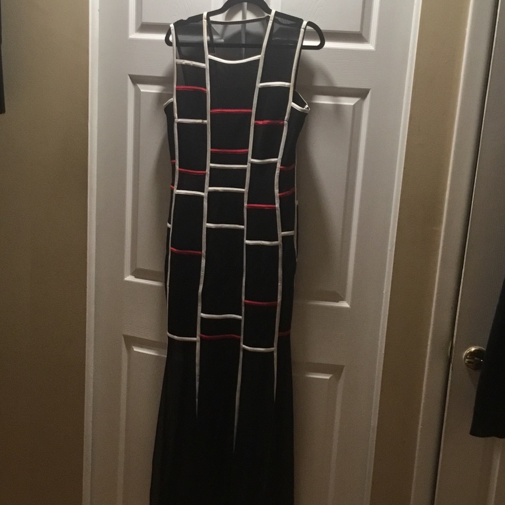 Tadashi Shoji Black Sleeveless Maxi Dress with White Grid and Red Accents
